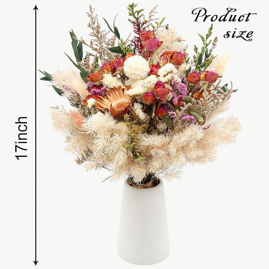 17" Dried Flower Bouquets, 100% Natural Dried Flowers with Dried Roses,Bunny Tails,Chrysanthemum Flowers Decor for Vase Rustic Boho Home Decor,Party Fall Decor for Wedding Gift