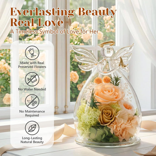 FUHITIM Gifts for Mom Gifts for Women Birthday Preserved Rose Forever Flower in Glass Angel Figurines Flowers for Delivery Anniversary Real Colorful Roses for Grandma from Daughter Wife Her