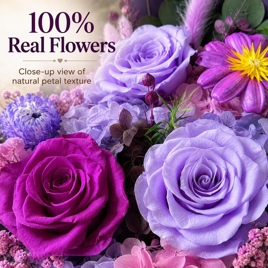 Preserved Purple Rose Bouquet, 100% Real Flowers for Women Mother Wife, Long-Lasting Eternal Roses with Gift Box, Forever Flowers for Anniversary Birthday Mother's Day, Lasts 1-3 Years