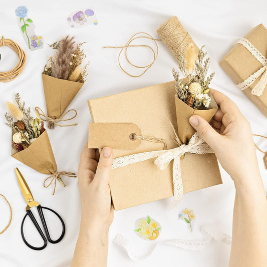 6Pcs Mini Dried Flowers Bouquet, Mixed Natural Dried Flowers Gypsophila Bouquets Boutonniere Table Centerpieces Birthday Cake Flowers for DIY Crafts with 3 Flower Stickers 10m Hemp Rope