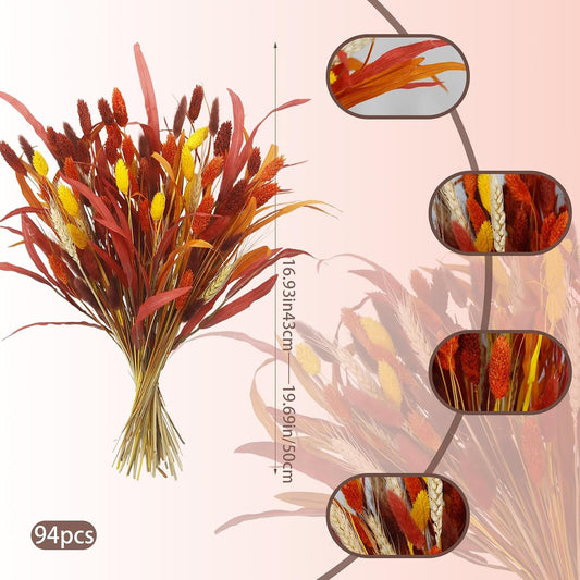 94 Pcs Artificial Fall Flowers Autumn Dried Flowers for Decoration Dried Bunny Tails Fall Bouquet Straw Leaves Wheat Floral Arrangement for Thanksgiving Table Centerpieces Halloween Decor