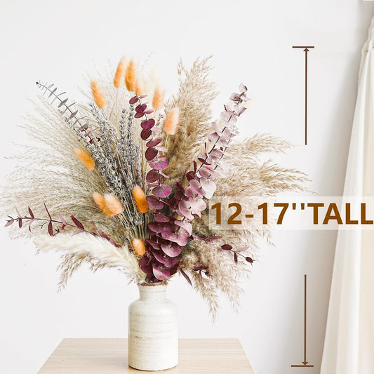 Fall Dried Flower Bouquet with Pampas Grass, Orange Bunny Tails, Lavender & Red Eucalyptus –Boho Fall Decor for Home, Vase, Porch & thanksgiving –Autumn Floral Arrangements for Fall Decorations Indoor