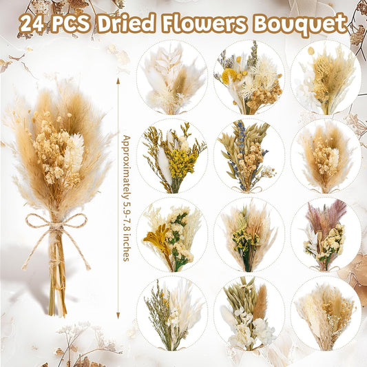 12/24 PCS Charming Dried Flowers Bouquet for Vase Various Dried Wildflowers with Stems Mini Handmade Wildflowers Natural Real Flowers Bulk Flowers Craft (Solid Color, 24PCS)