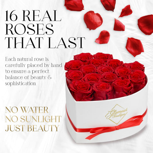 GLAMOUR BOUTIQUE Preserved Roses in a Box - Gifts for Her, Wife & Mom, Rose Flowers Forever Decor for Birthday Gift, Get Well Flower Bouquet Cased in White Box with Cover - Red - 16 (Color-Treated)