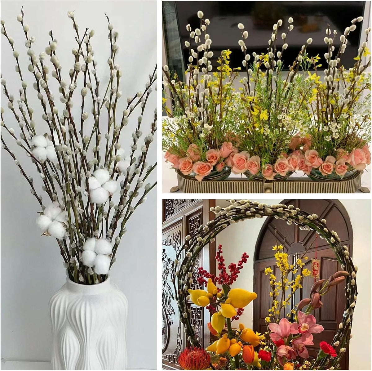 25 Stems Preserved PussyWillow, 17" White for Wedding Home & Fireplace
