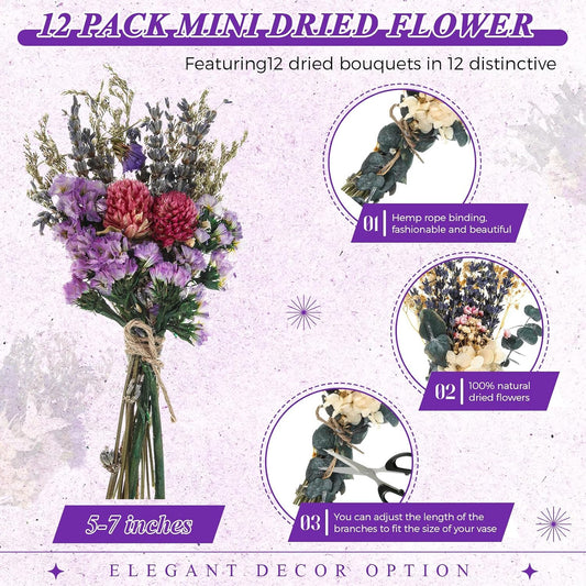 Layhit 12 Pcs Mini Dried Flower Bouquet Boho for Wedding,Romantic