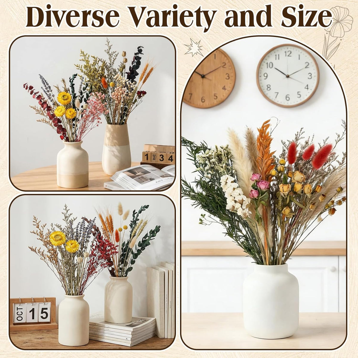 6 Bunches Large Size Dried Flower Bouquet 15 -17 Inch Natural Various Dried Flower Combinations with Wildflowers Dry Rose Lavender Forget Me Not Babys Breath for Vase Boho Wedding Farmhour Home Decor