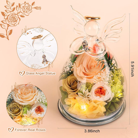 Gifts for Mom Birthday Gifts for Women Preserved Rose Forever Flower in Glass Angel Figurines Fresh Flowers for Delivery Anniversary Real Colorful Roses for Grandma Her Wife Mothers from Daughter