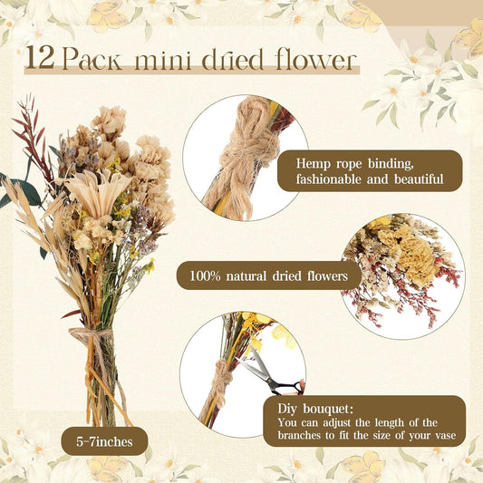 Layhit 12 Pcs Mini Dried Flower Bouquet Boho for Wedding,Bright