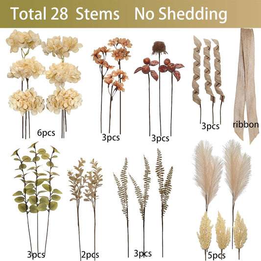28Pcs Boho Artificial Dried Hydrangea Flower Bouquet with Berries, Burlap & Pampas, Green Ombre Leaves, Fake Fall Winter Thanksgiving Harvest Floral Arrangement for Vase Centerpieces, 17"