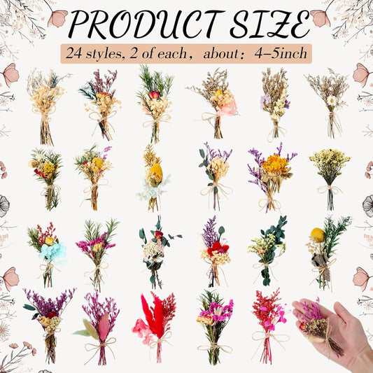 Tinideya 48 Pcs Dried Flowers Bouquet Boho Mini Dried Flower with Stem Small Floral Plants Mixed Natural Flowers Bundles for Crafts Vase DIY Photo Props Wedding Decoration