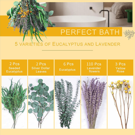 123 PCS Mixed Dried Eucalyptus & Lavender & Yellow Rose Flowers, 17''