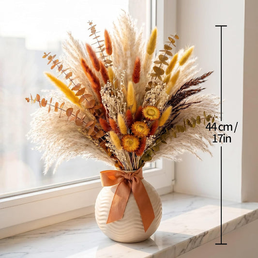 73 Pcs Pampas Grass Decor DIY Floral Material Kit, Natural Dried Flowers Loose Stems with Orange Eucalyptus & Bunny Tails for Vase Arrangement, Warm Boho Fall Decor (Vase Not Included)