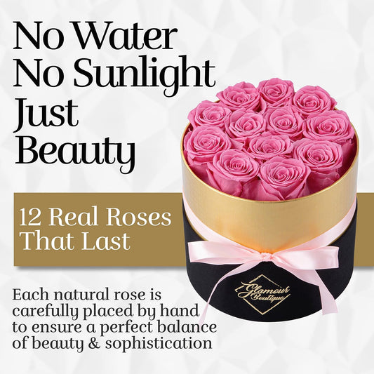 GLAMOUR BOUTIQUE Eternal Preserved Roses in a Box, Flowers Forever, Rose Forever in a Box for Wife or Her, Lasting Real Flower Gift, Elegant Luxury Floral Home Decor, 12 Roses, Pink (Color-Treated)