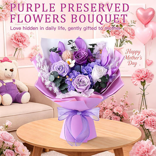 Preserved Purple Roses Bouquet Real Forever Flowers Gift for Women