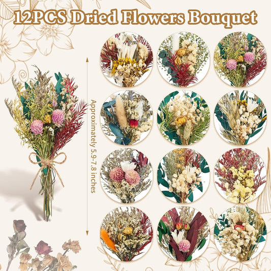 12/24PCS Handmade Dried Flower Bouquet with Stems Natural Dried Wildflowers 7.5 Inch Mini Dry Flowers for Vase Farmhouse Decor, Wedding Styling, Photography Props, Gift DIY(12pcs, Bright)
