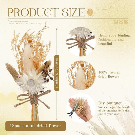 Layhit 12 Pcs Mini Dried Flower Bouquet Boho for Wedding,Rustic