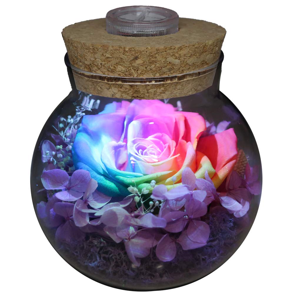 Preserved Real Roses with Colorful Mood Light Wishing Bottle, Eternal Rose，Never Withered Flowers, Table Decor,Christmas Anniversary Valentine's, Blue 4.3inch, 1pcs