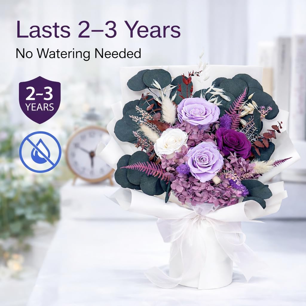 Bonsion Preserved Flowers for Delivery, Purple Rose Bouquet Gift for Women and Mom, Long Lasting Floral Arrangement for Birthday & Anniversary