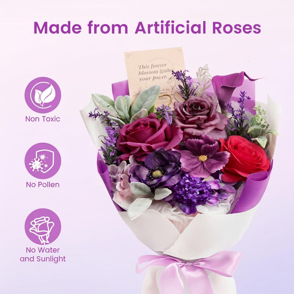 TINGE TIME Mothers Day Preserved Flowers Bouquet, Forever Flowers Gifts for Mom, Birthday Gifts for Women, Eternal Roses Bouquet for Grandma Wife Anniversary Graduation(Purple)