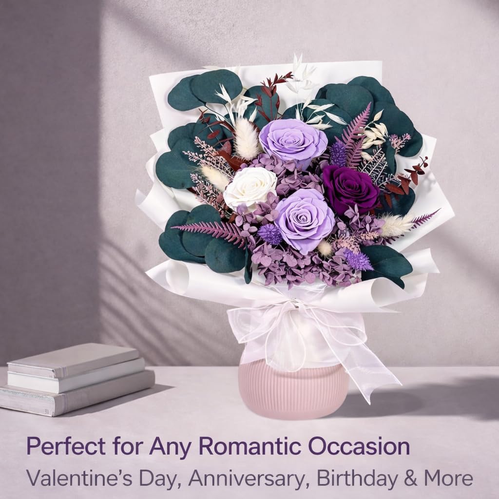 Bonsion Preserved Flowers for Delivery, Purple Rose Bouquet Gift for Women and Mom, Long Lasting Floral Arrangement for Birthday & Anniversary