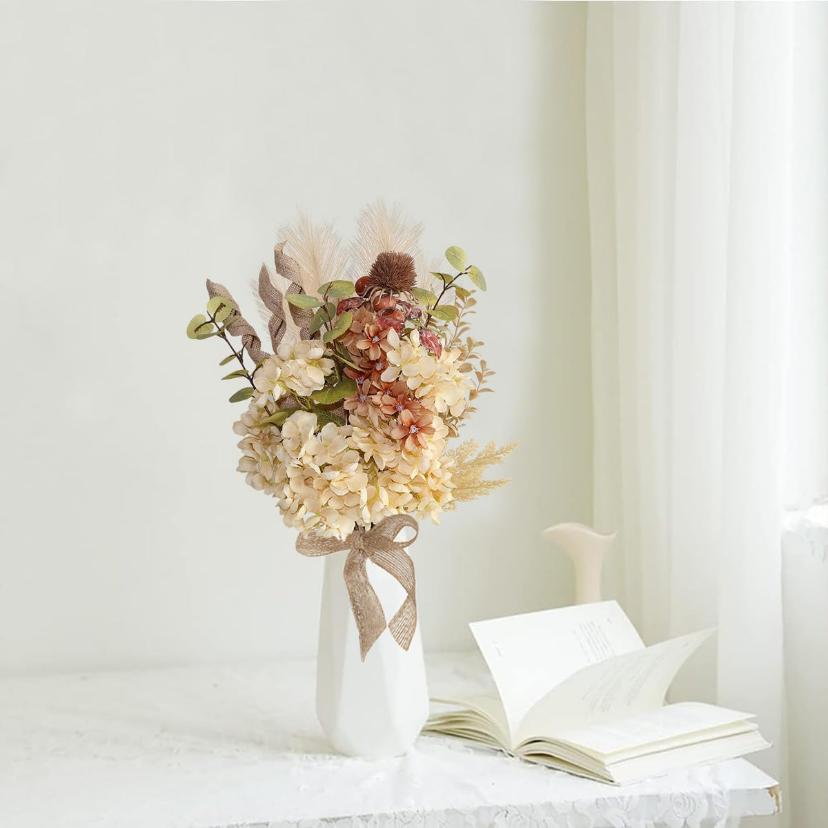28Pcs Boho Artificial Dried Hydrangea Flower Bouquet with Berries, Burlap & Pampas, Green Ombre Leaves, Fake Fall Winter Thanksgiving Harvest Floral Arrangement for Vase Centerpieces, 17"
