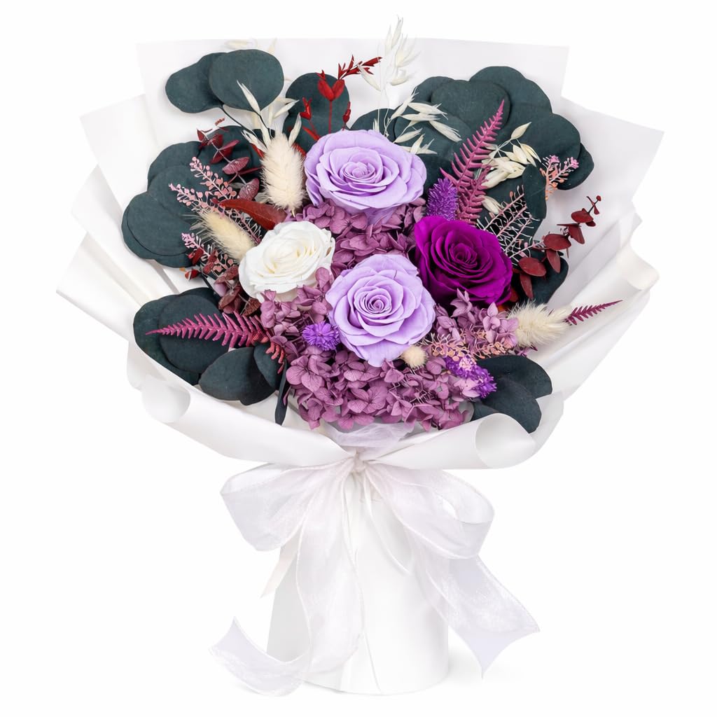 Bonsion Preserved Flowers for Delivery, Purple Rose Bouquet Gift for Women and Mom, Long Lasting Floral Arrangement for Birthday & Anniversary