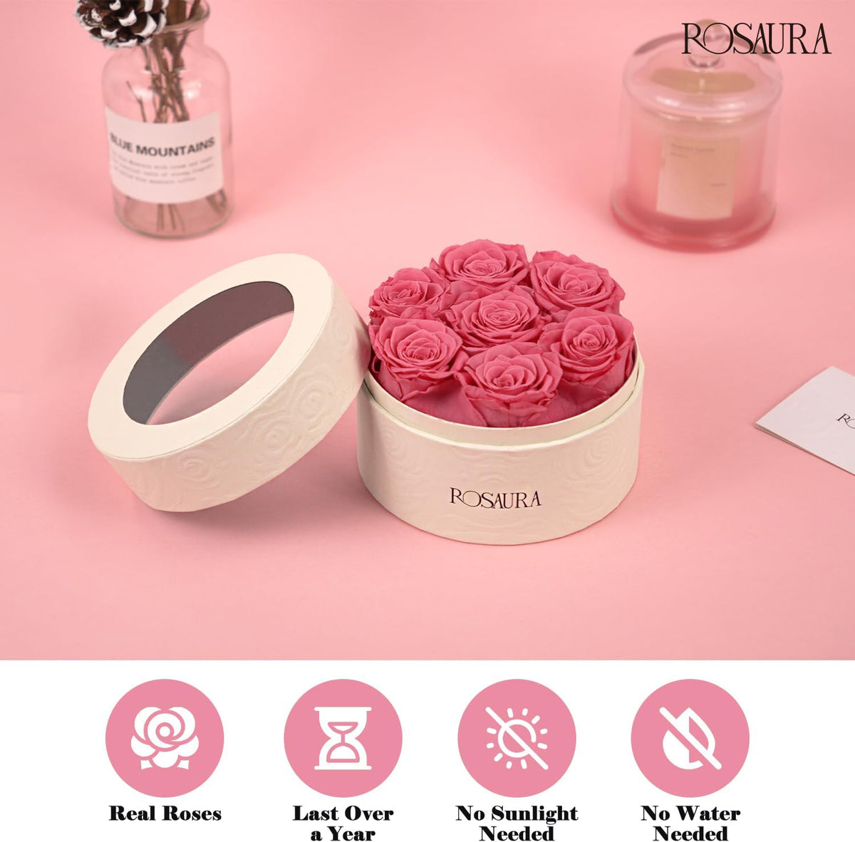 Rosaura Round Preserved Roses Gift Box (Pink, 7 Roses)