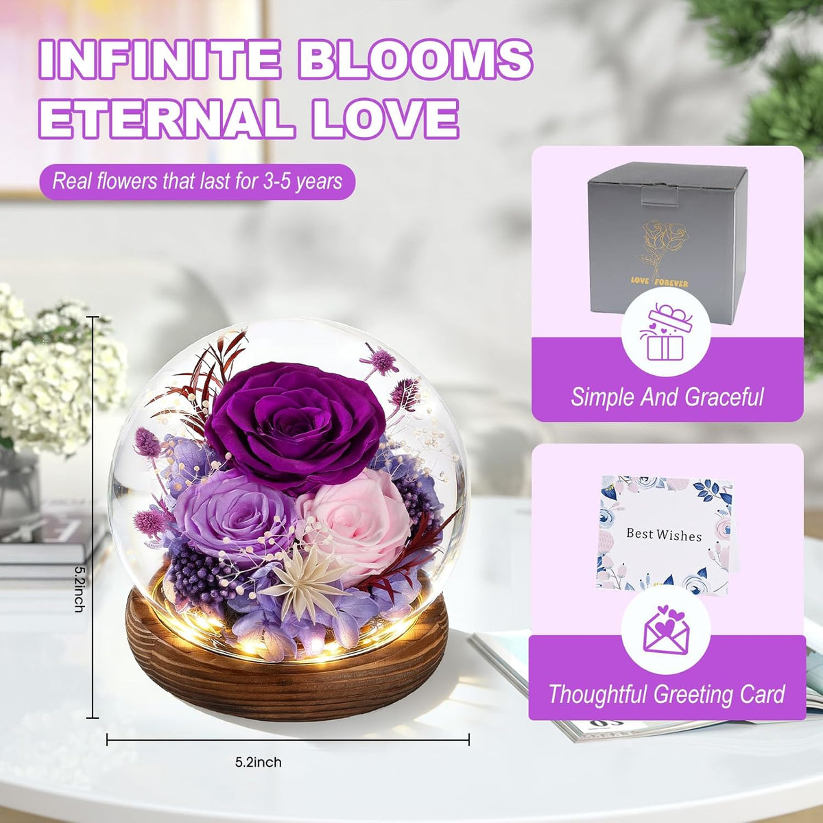 FIACO Gifts for Mom Flowers for Delivery Birthday Gifts for Women Grandma Forever Preserved Eternal Rose in Glass Dome Mother Days Valentines Anniversary for Girlfriend Wife Her, Purple