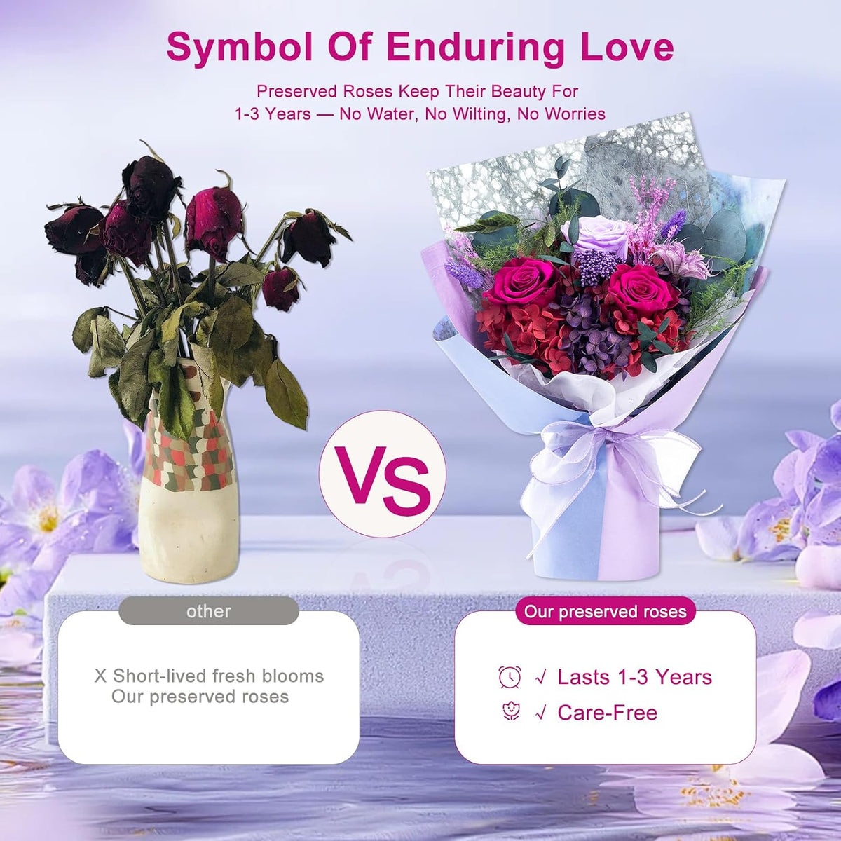 FLORALUNA Preserved Flowers, Purple Preserved Flowers Bouquet