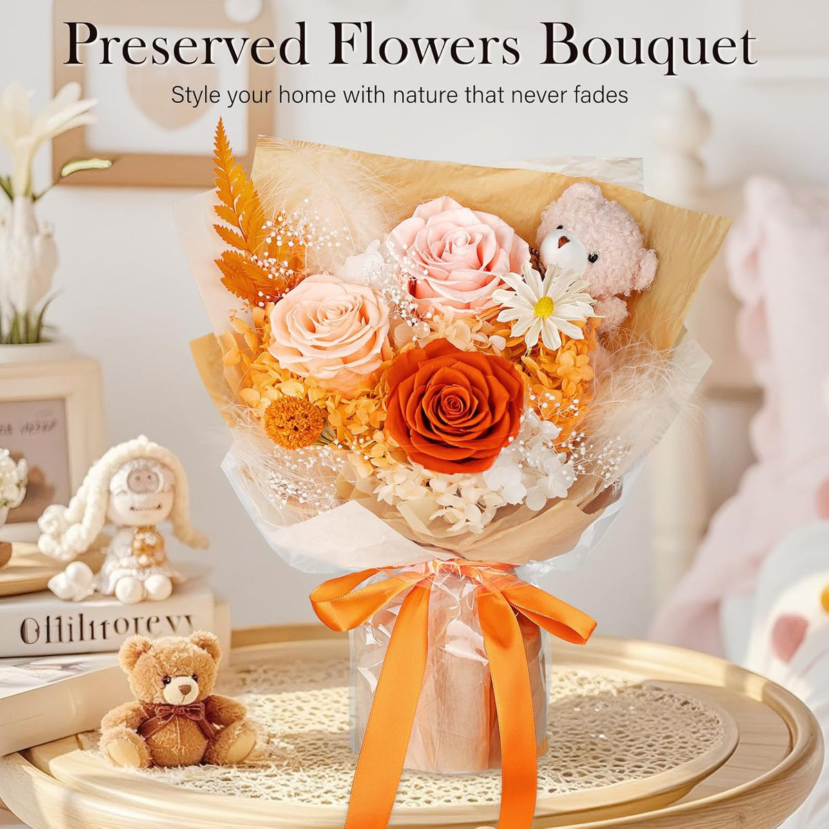 Flowers for Delivery with Bear, Orange Preserved Flowers, Gifts for Mom Her