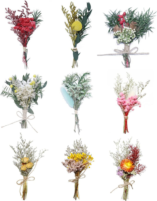 TooGet 9Pcs Mini Dried Flower Bouquets Real Small Boho Floral Bouquet Natural Dried Flowers for DIY Crafts Cake Gift Packaging Wedding Decor and Home Decorations