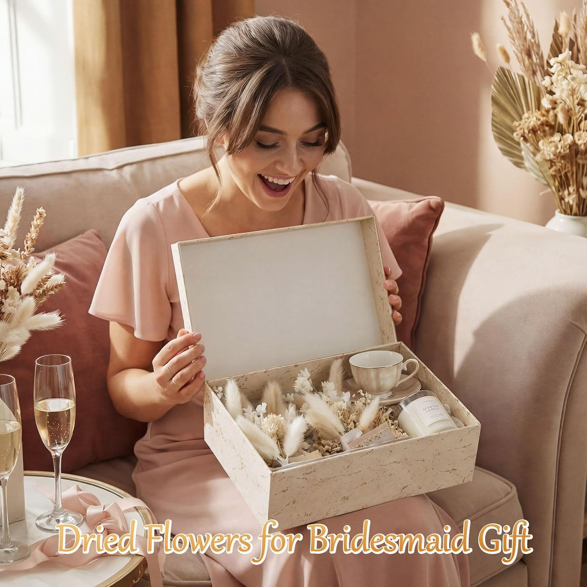 Suncalla 6 Pcs Bridesmaid Proposal Gifts Dried Bouquets,White,Boho