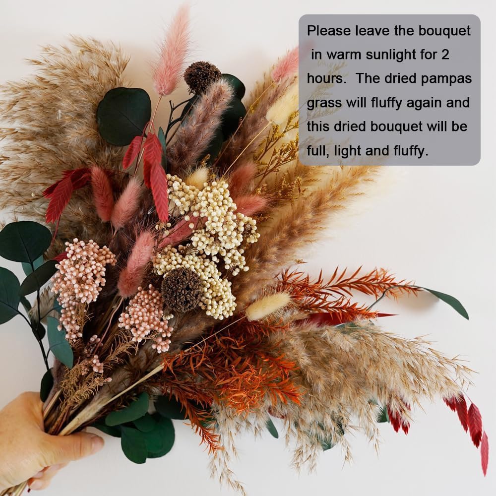 Natural Dried Pampas Grass Bouquet,17" - Boho Autumn Flower Arrangment with Millet Flower & Eucalyptus, Home, Wedding & Farmhouse Decor, DIY Assembly, Vase Not Included