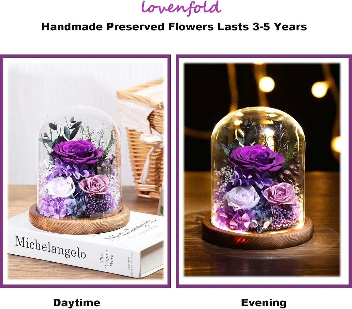 lovenfold Flowers for Delivery Preserved Rose Gifts for Women,Long-Lasting Forever Flowers in Glass Dome, Birthday Gifts for Women Mom Friend(Purple Rose)