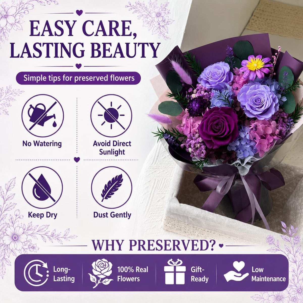 Preserved Purple Rose Bouquet, 100% Real Flowers for Women Mother Wife, Long-Lasting Eternal Roses with Gift Box, Forever Flowers for Anniversary Birthday Mother's Day, Lasts 1-3 Years