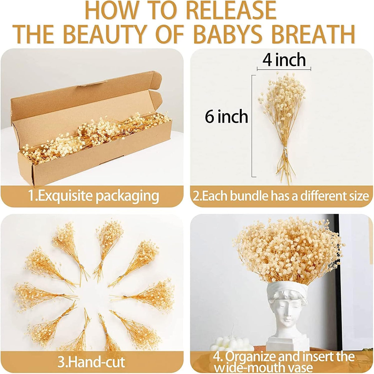 3000+ Mini Dried Baby's Breath Flowers 6'', Natural Ivory White Flowers