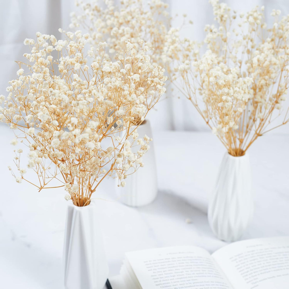 Preserved Baby's Breath 3 Bunches, 100% Natrual Fresh Gypsophila Long Lasting Flowers for Vase Arrangements Home Decoration Photo Props Parties and Weddings, DIY Décor-White