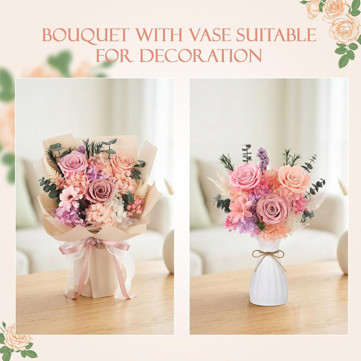 Flowers for Delivery Prime Preserved Flowers Bouquet with Vase, Pink