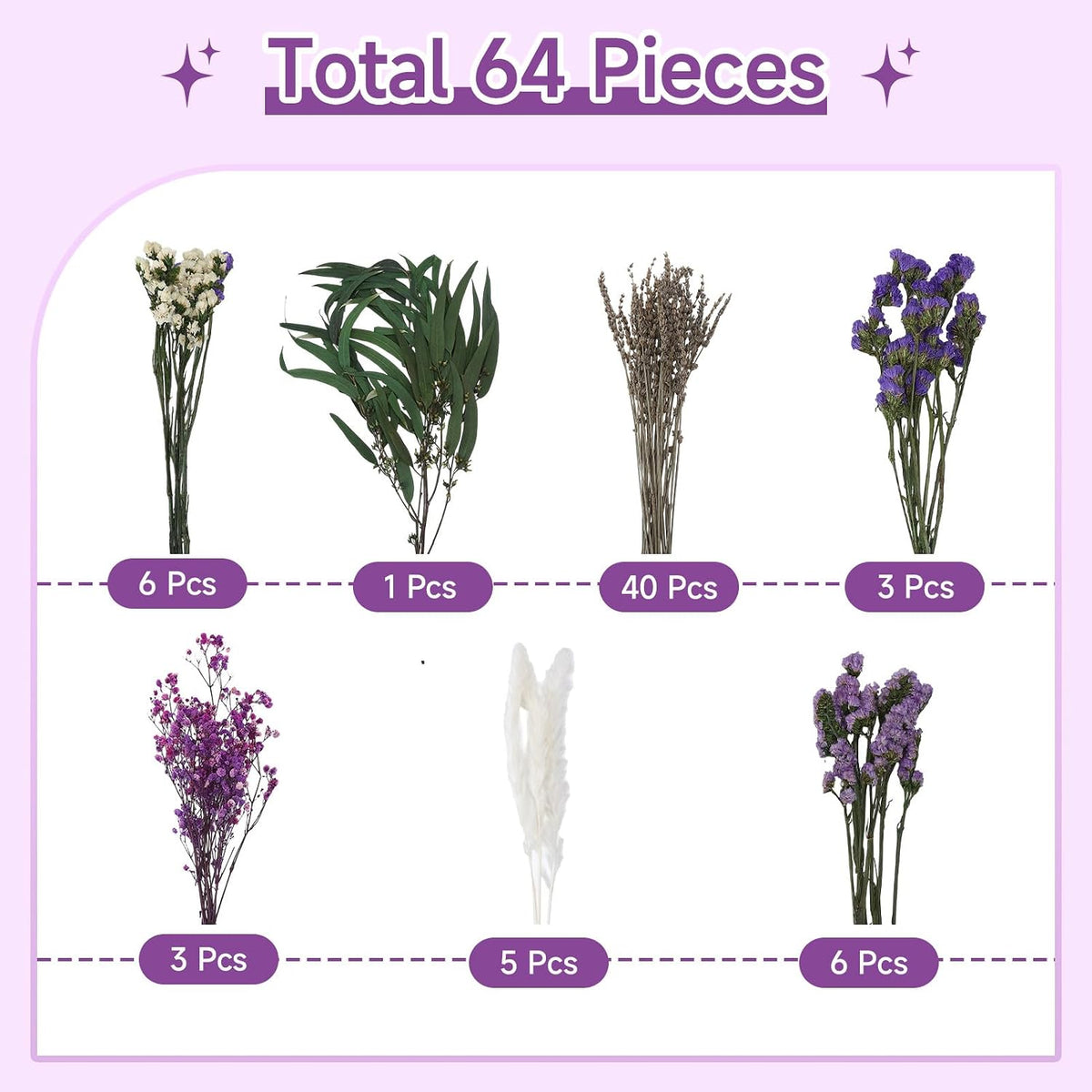 2 Pack Purple White Large Dried Flower Bouquets