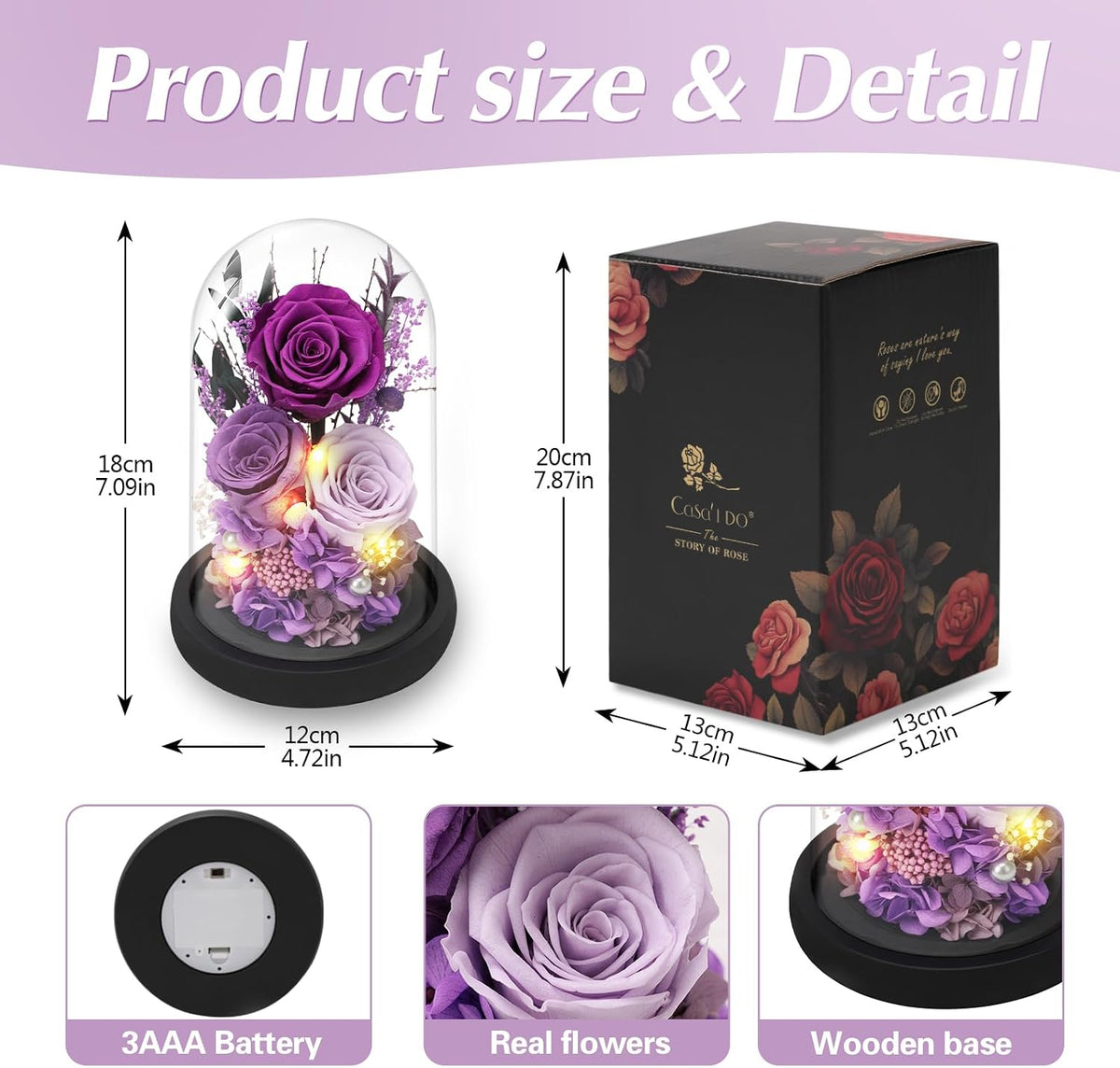 Casaido Preserved Roses Flowers for Delivery, Mothers Day Rose Gifts for Mom Her, Purple Forever Flores in Glass Dome for Wife Girlfriend Grandma, Anniversary Birthday Gift for Vanlentines Christmas