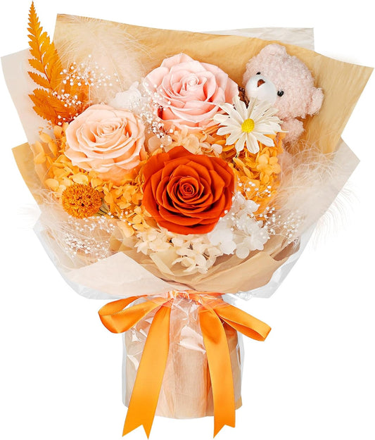 Flowers for Delivery with Bear, Orange Preserved Flowers, Gifts for Mom Her