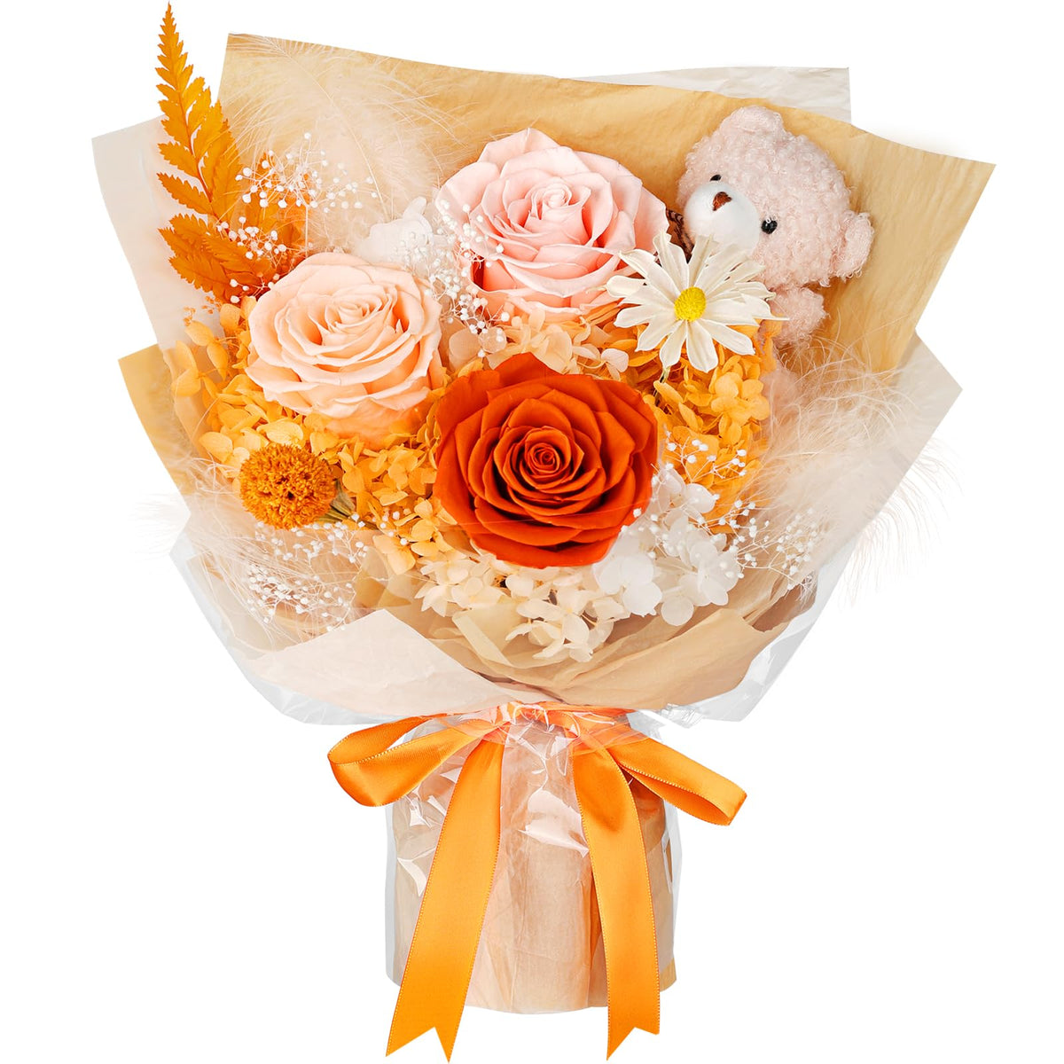 Flowers for Delivery with Bear, Orange Preserved Flowers, Gifts for Mom Her
