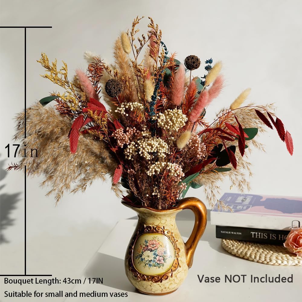 Natural Dried Pampas Grass Bouquet,17" - Boho Autumn Flower Arrangment with Millet Flower & Eucalyptus, Home, Wedding & Farmhouse Decor, DIY Assembly, Vase Not Included