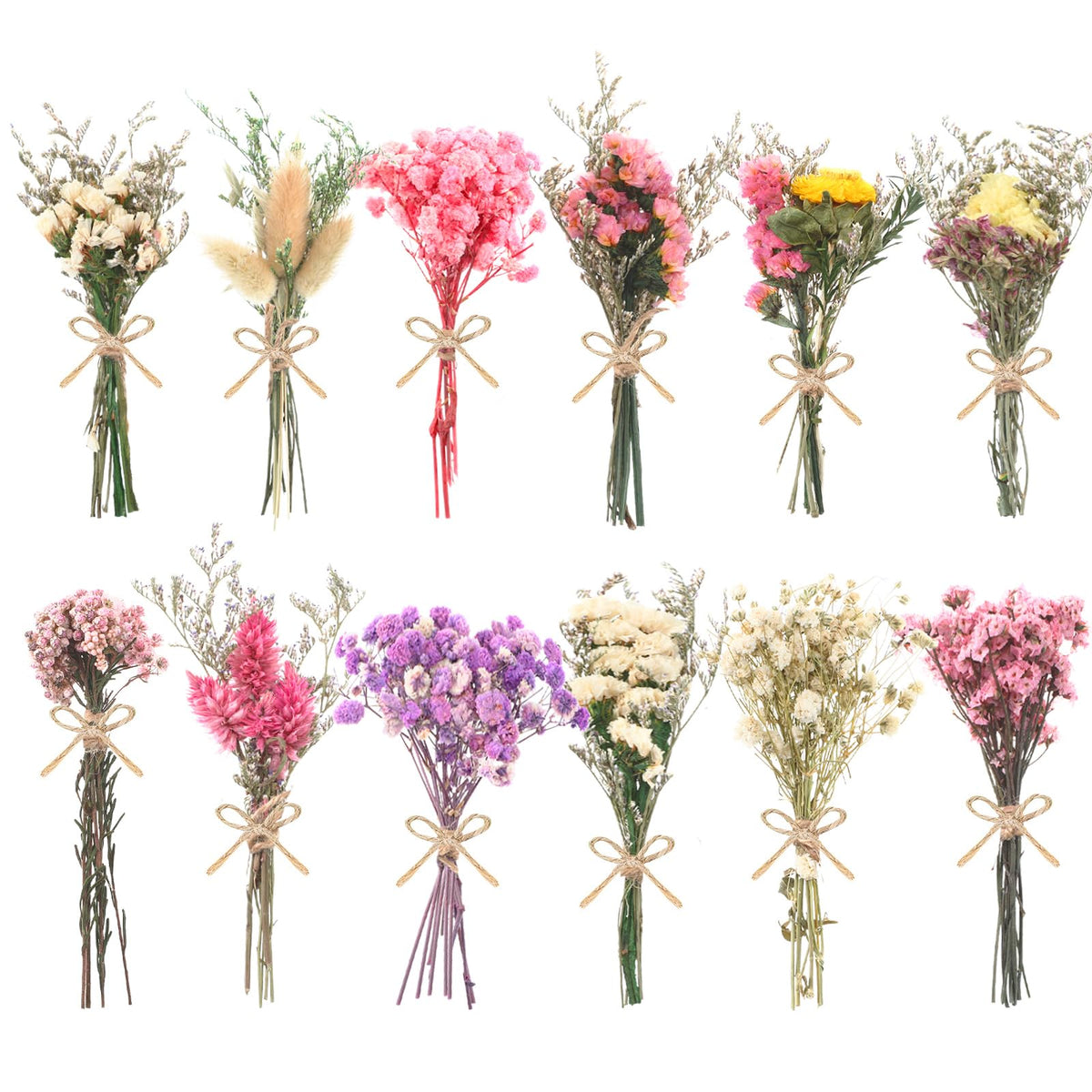 12/24 Pack Dried Flowers for Vase Various Mini Bouquet Dried Small Wildflowers Natural Real Flowers Bulk for Crafts DIY Wedding Decor (24, Plain Colour)