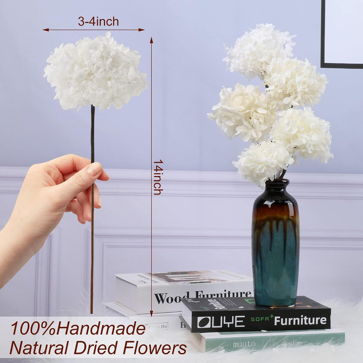 5 Pcs Preserved White Hydrangea Flowers, Real Handmade Floral Stems