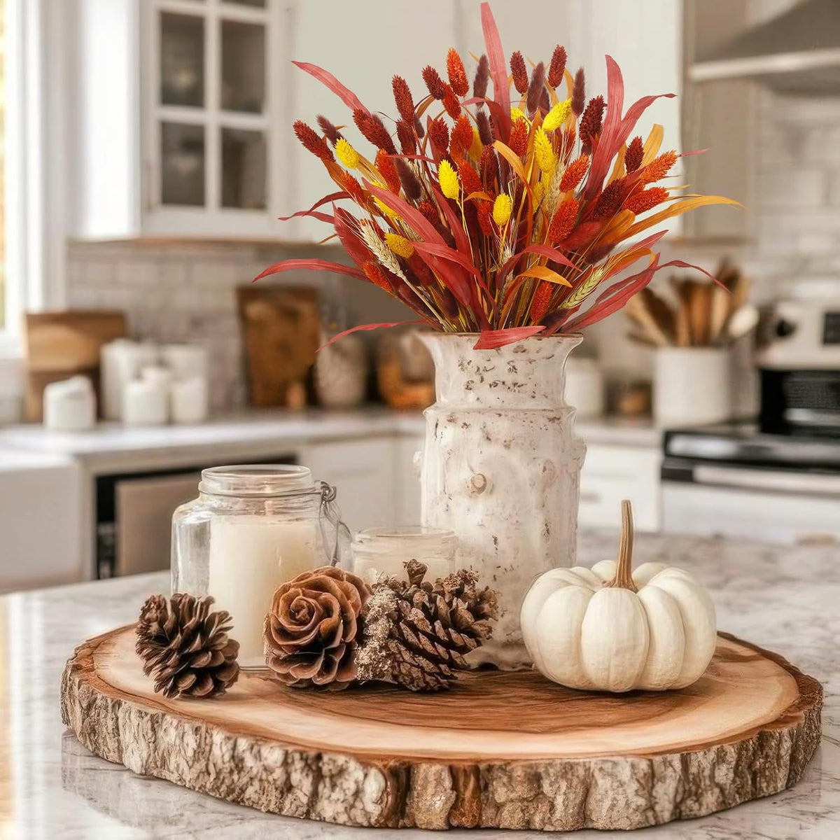 94 Pcs Artificial Fall Flowers Autumn Dried Flowers for Decoration Dried Bunny Tails Fall Bouquet Straw Leaves Wheat Floral Arrangement for Thanksgiving Table Centerpieces Halloween Decor