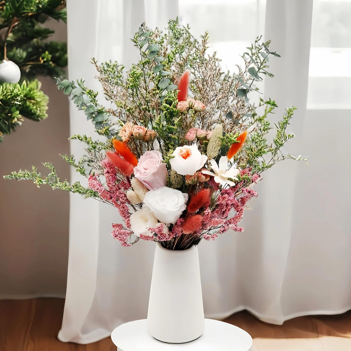 17" Dried Flower Bouquets, 100% Natural Dried Flowers with Dried Roses,Bunny Tails,Chrysanthemum Flowers Decor for Vase Rustic Boho Home Decor,Party Fall Decor for Wedding Gift