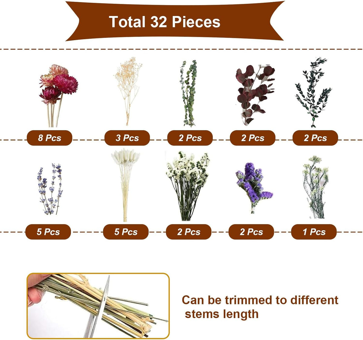 Natural Dried Flower Bouquet, 17" Rustic Boho for Fall Wedding Decorations