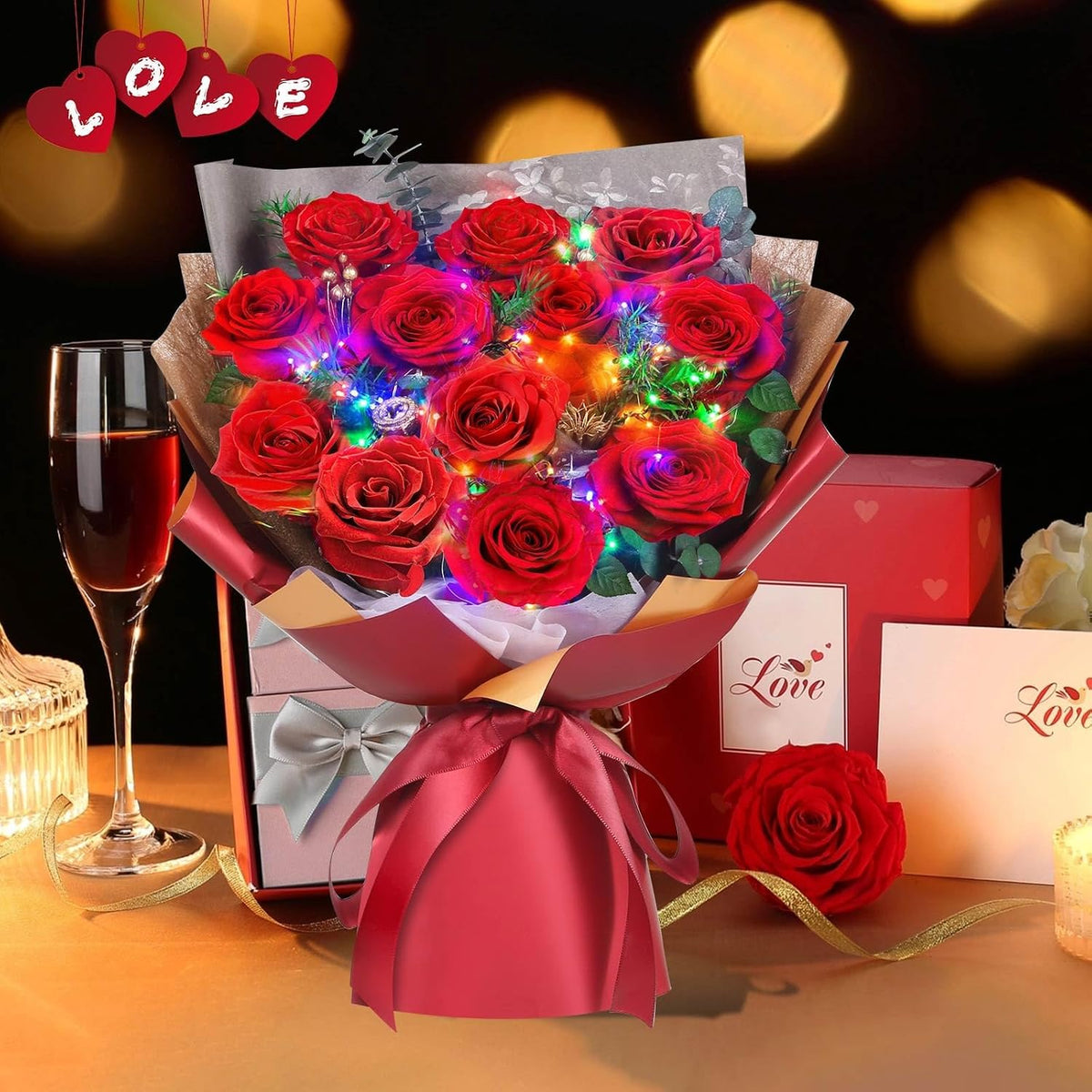 ADDWel 12 Preserved Real Roses Bouquet for Her, Forever Red Flowers with LED Lights, Anniversary Birthday Gifts for Wife Girlfriend Mom, Elegant Home Decor